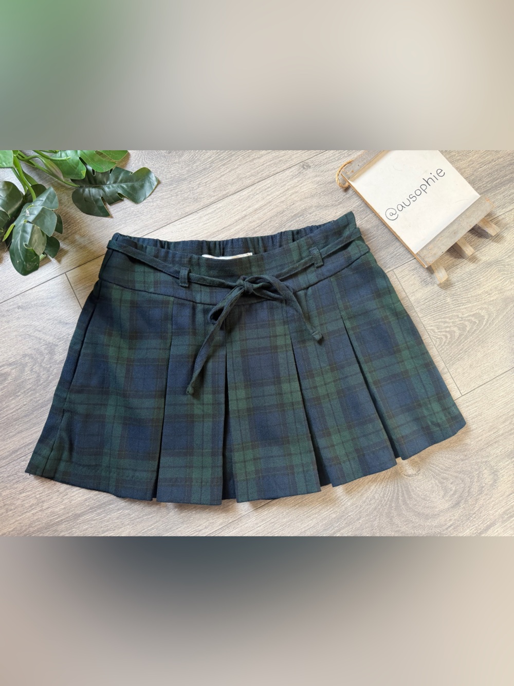 Hollister Preppy Green Plaid Pleated Mini Skirt w Built In Shorts & Waist Tie XS